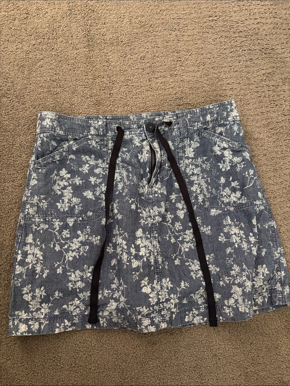 Floral Print Denim Skirt with Drawstring Waist